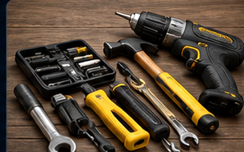 Professional hand tools and power tools on a workbench